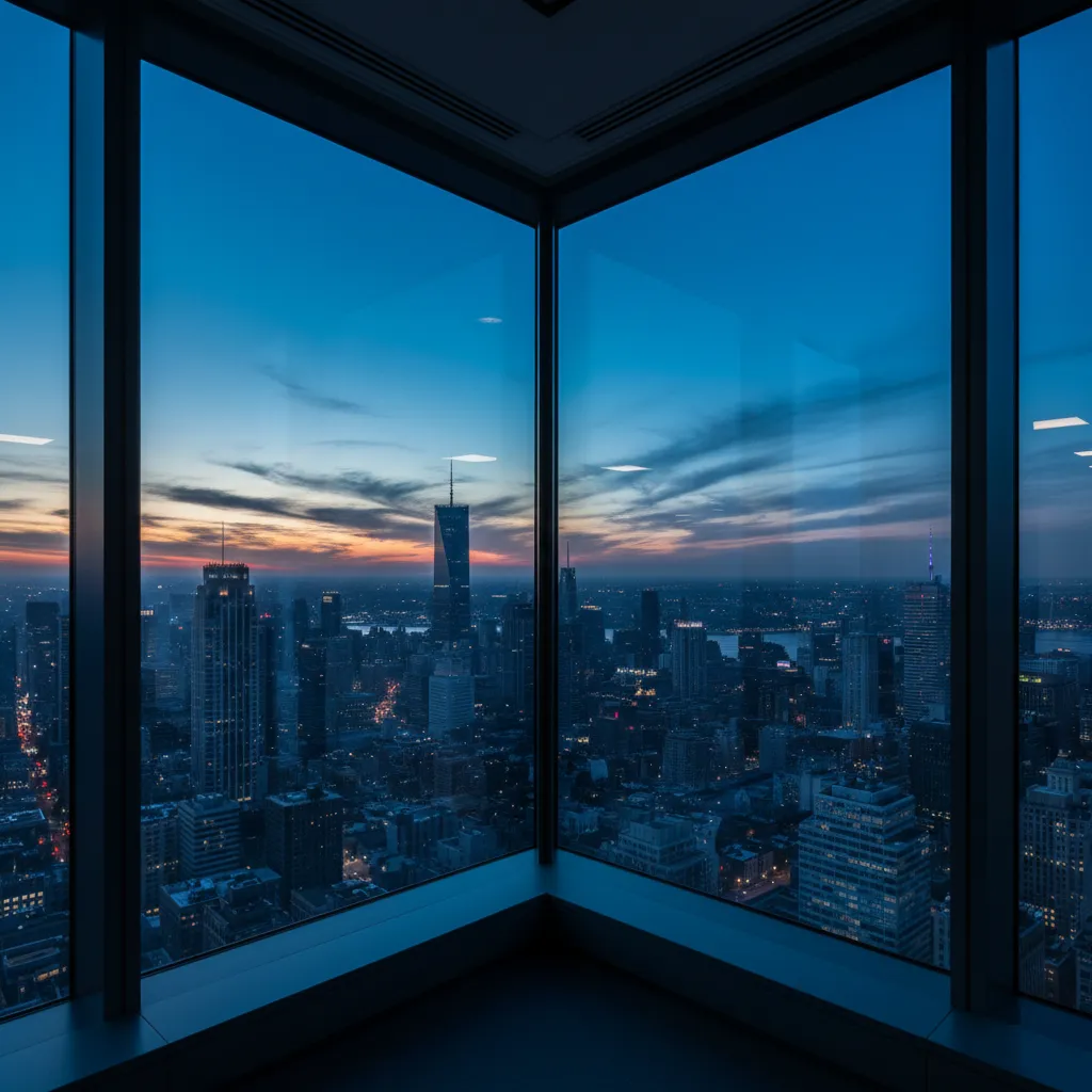 Executive boardroom view through floor-to-ceiling glass overlooking city skyline at twilight
