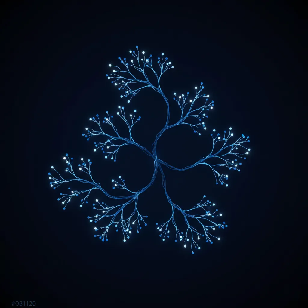Neural network pathways forming branching conversation structures representing AI citation engineering